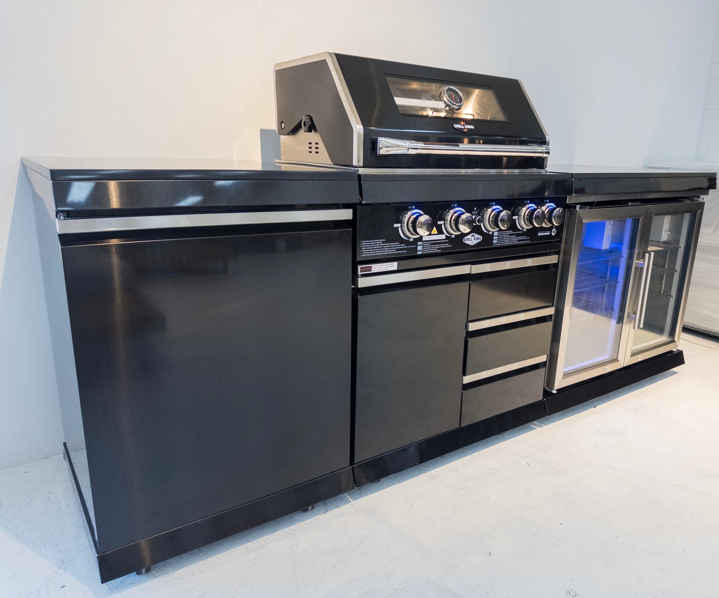 Kingsley 4 Burner Black 304 SS BBQ Kitchen + 2DR Fridge & 1DR Cupboard