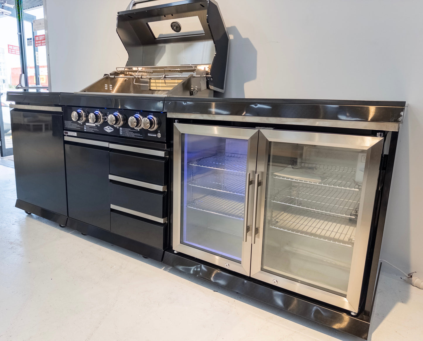 Kingsley 4 Burner Black 304 SS BBQ Kitchen + 2DR Fridge & 1DR Cupboard