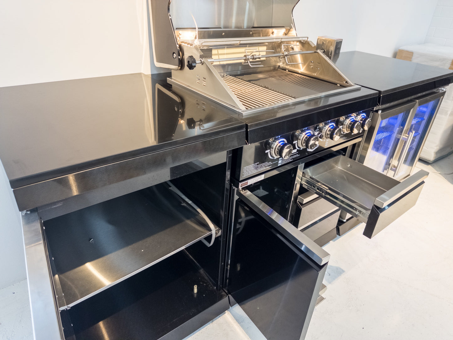 Kingsley 4 Burner Black 304 SS BBQ Kitchen + 2DR Fridge & 1DR Cupboard