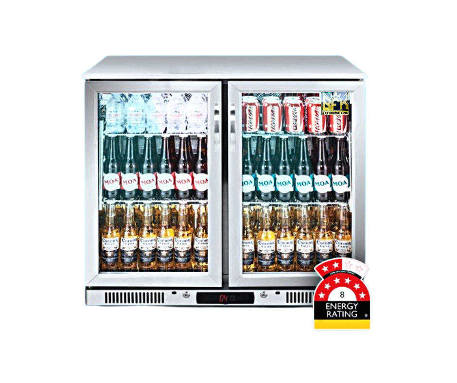 Tropical Rated Triple Glazed 304 SS 2-Door Stainless Steel Under Counter Can Cooler Wine Bar Fridge 208L