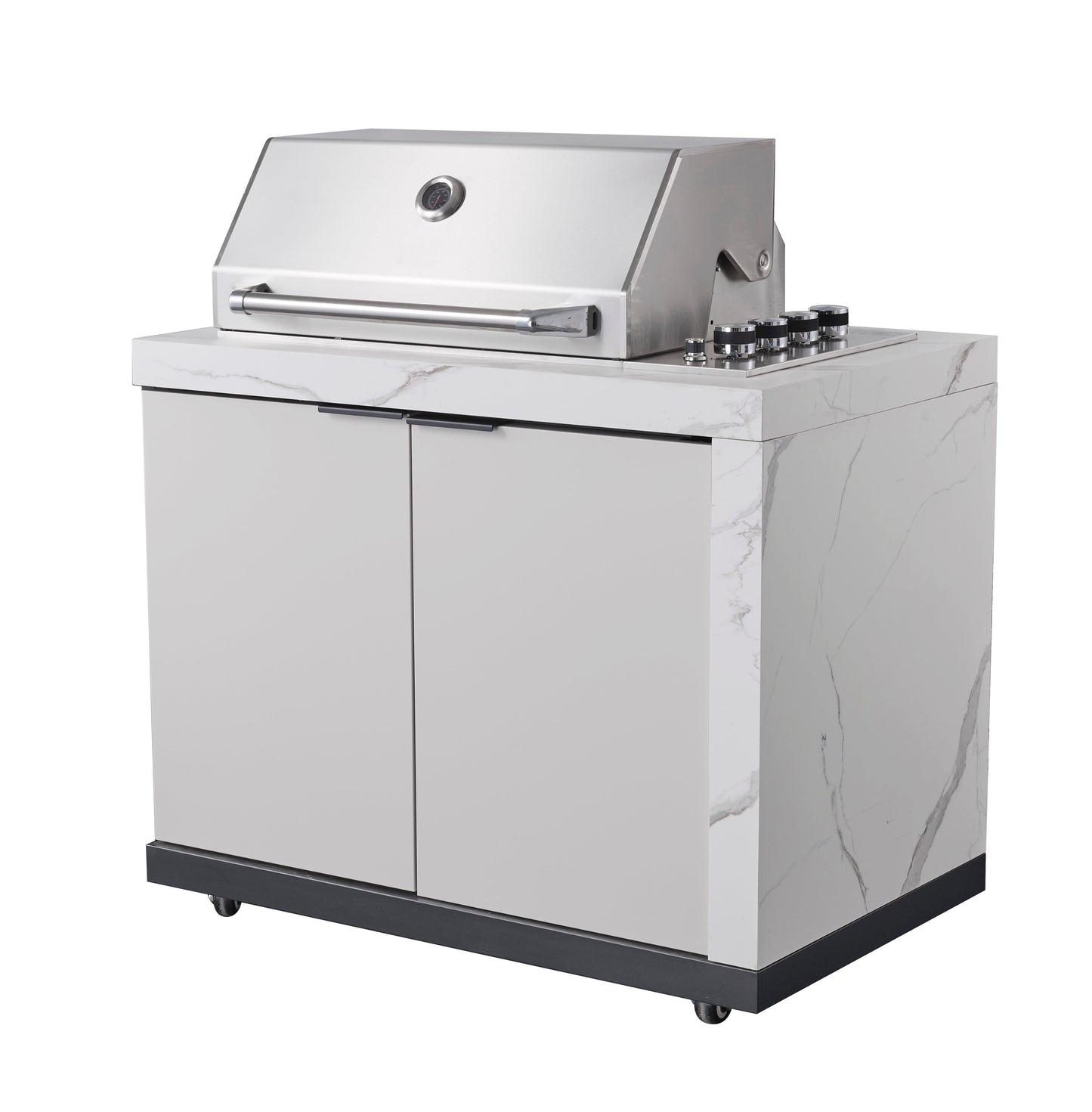Rockpool White RHS Compact Series 4B Raised Hood BBQ Kitchen | 3 Drawers, Castors, Weather-Resistant, Stone Benchtops