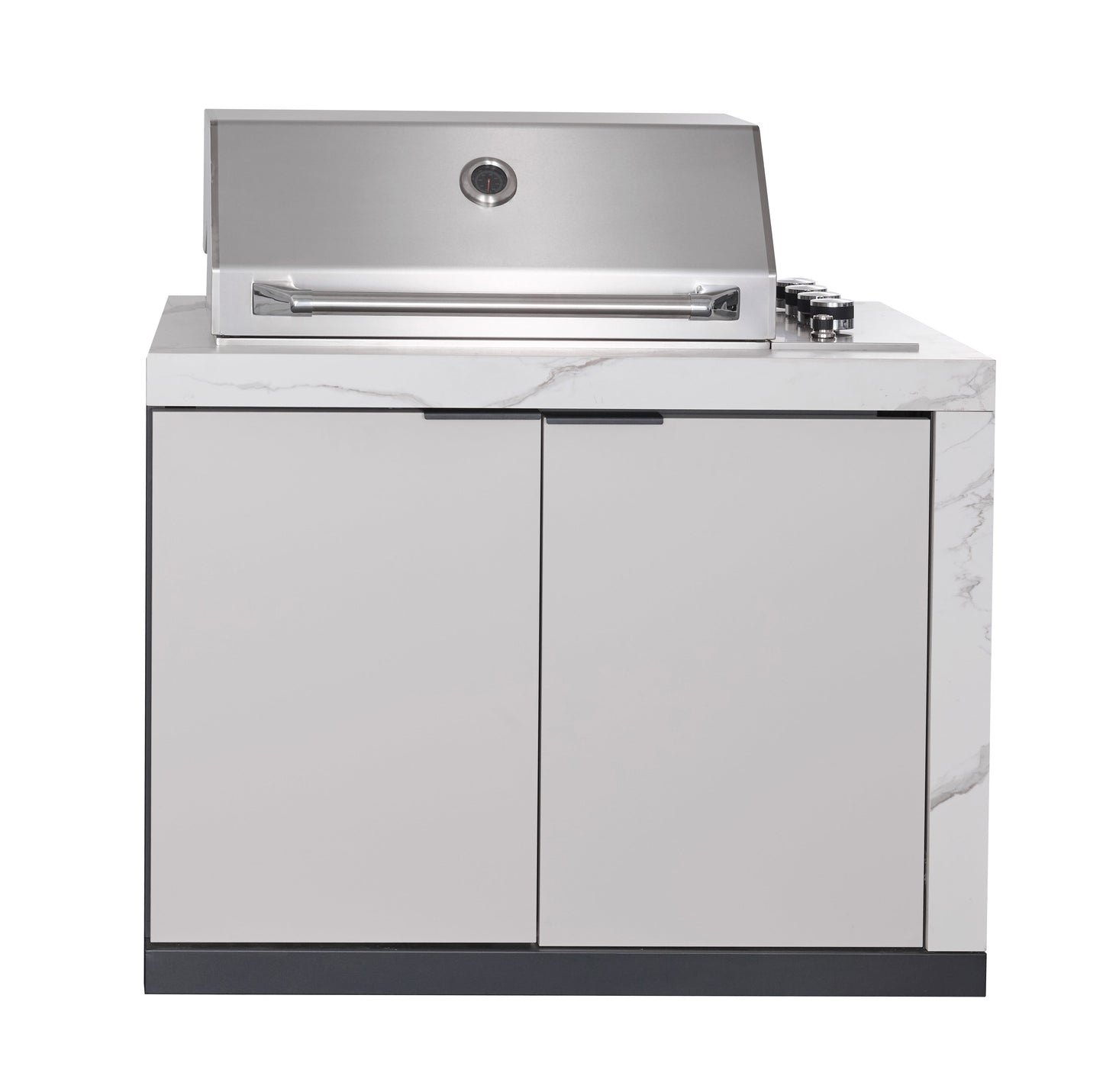 Rockpool White RHS Compact Series 4B Raised Hood BBQ Kitchen | 3 Drawers, Castors, Weather-Resistant, Stone Benchtops