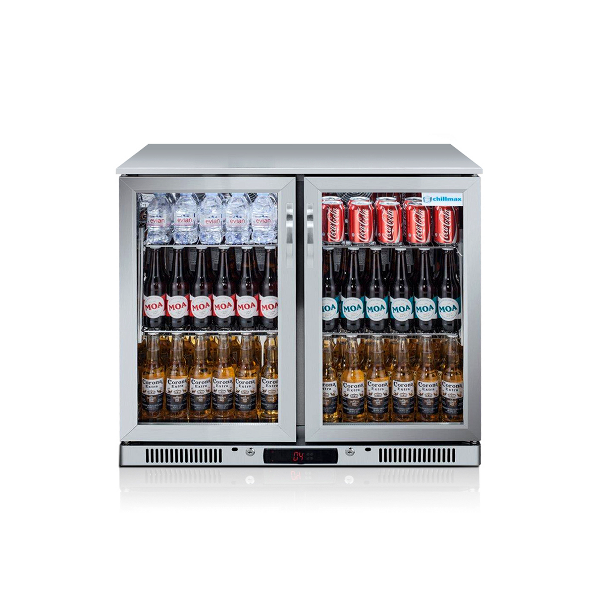 Tropical Rated Triple Glazed 304 SS 2-Door Stainless Steel Under Counter Can Cooler Wine Bar Fridge 208L