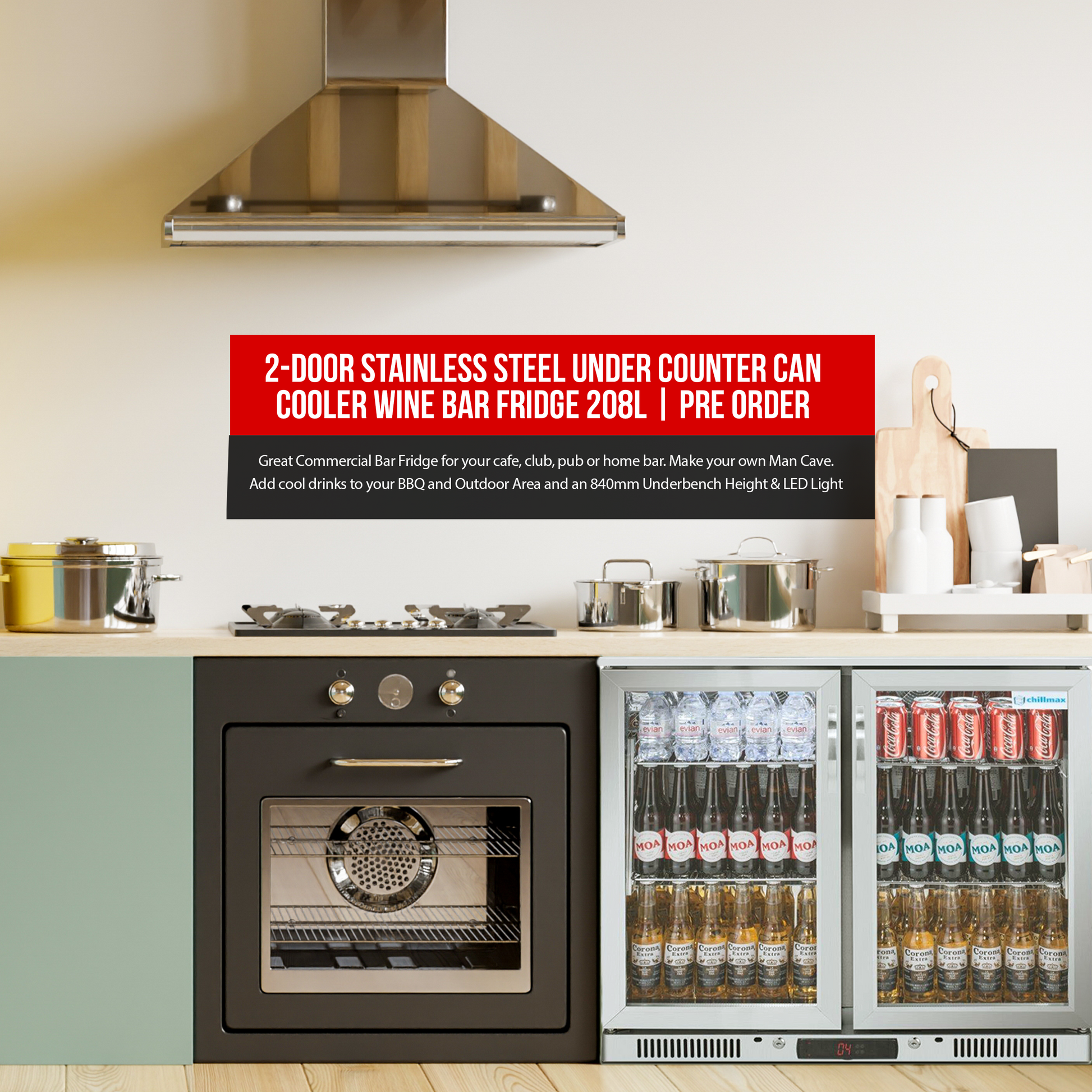 Tropical Rated Triple Glazed 304 SS 2-Door Stainless Steel Under Counter Can Cooler Wine Bar Fridge 208L