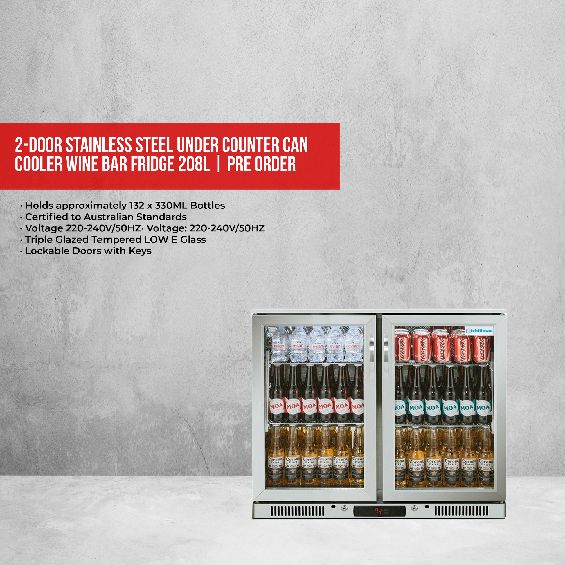 Tropical Rated Triple Glazed 304 SS 2-Door Stainless Steel Under Counter Can Cooler Wine Bar Fridge 208L