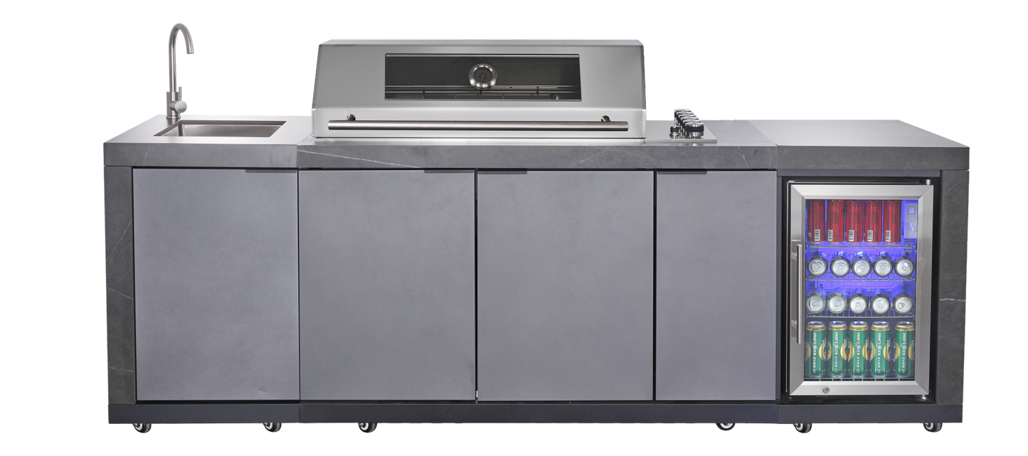 Deep Charcoal 6B Drop In BBQ Kitchen Package Inc sintered stone benchtops, Aluminium Cabinets, Weather Resistant, Fridge & Sink