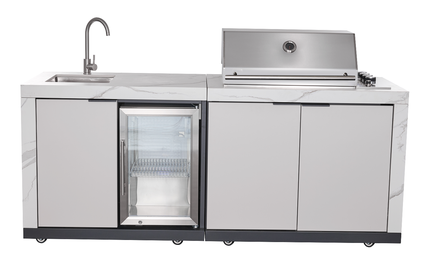 Rockpool White RHS Compact Series 4B Raised Hood BBQ Kitchen | 3 Drawers, Castors, Weather-Resistant, Stone Benchtops