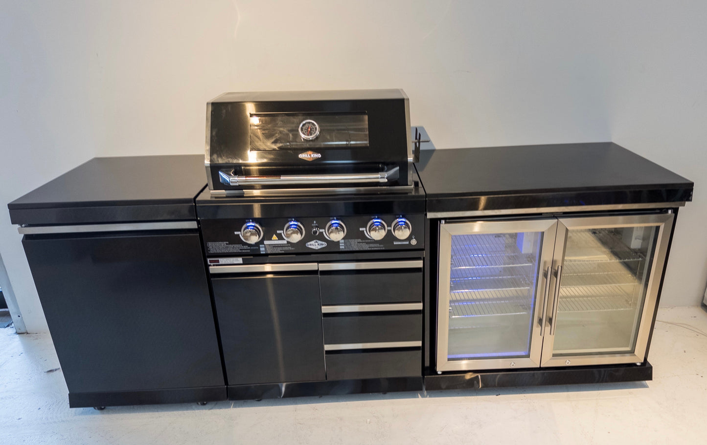 Kingsley 4 Burner Black 304 SS BBQ Kitchen + 2DR Fridge & 1DR Cupboard