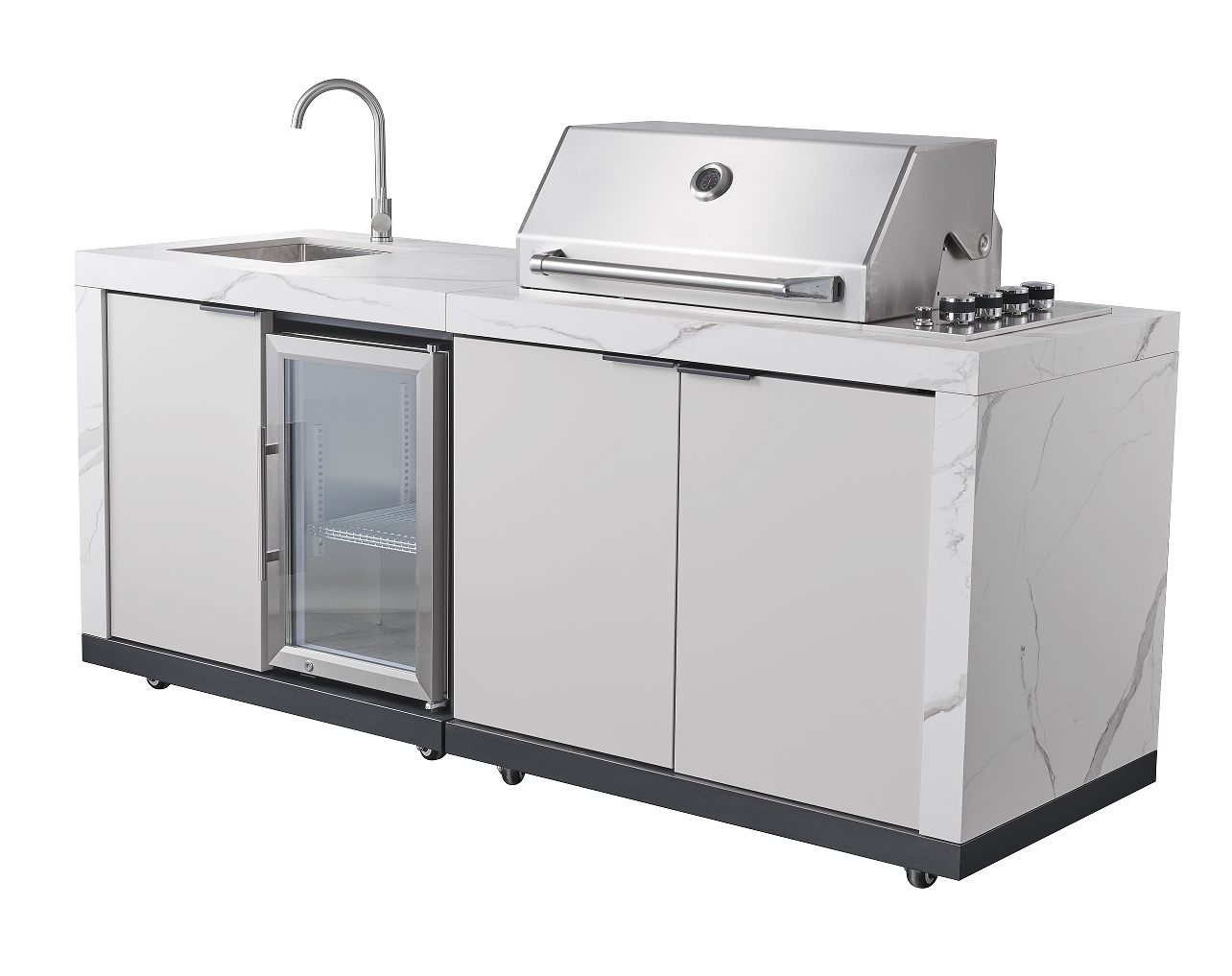 Rockpool White RHS Compact Series 4B Raised Hood BBQ Kitchen | 3 Drawers, Castors, Weather-Resistant, Stone Benchtops