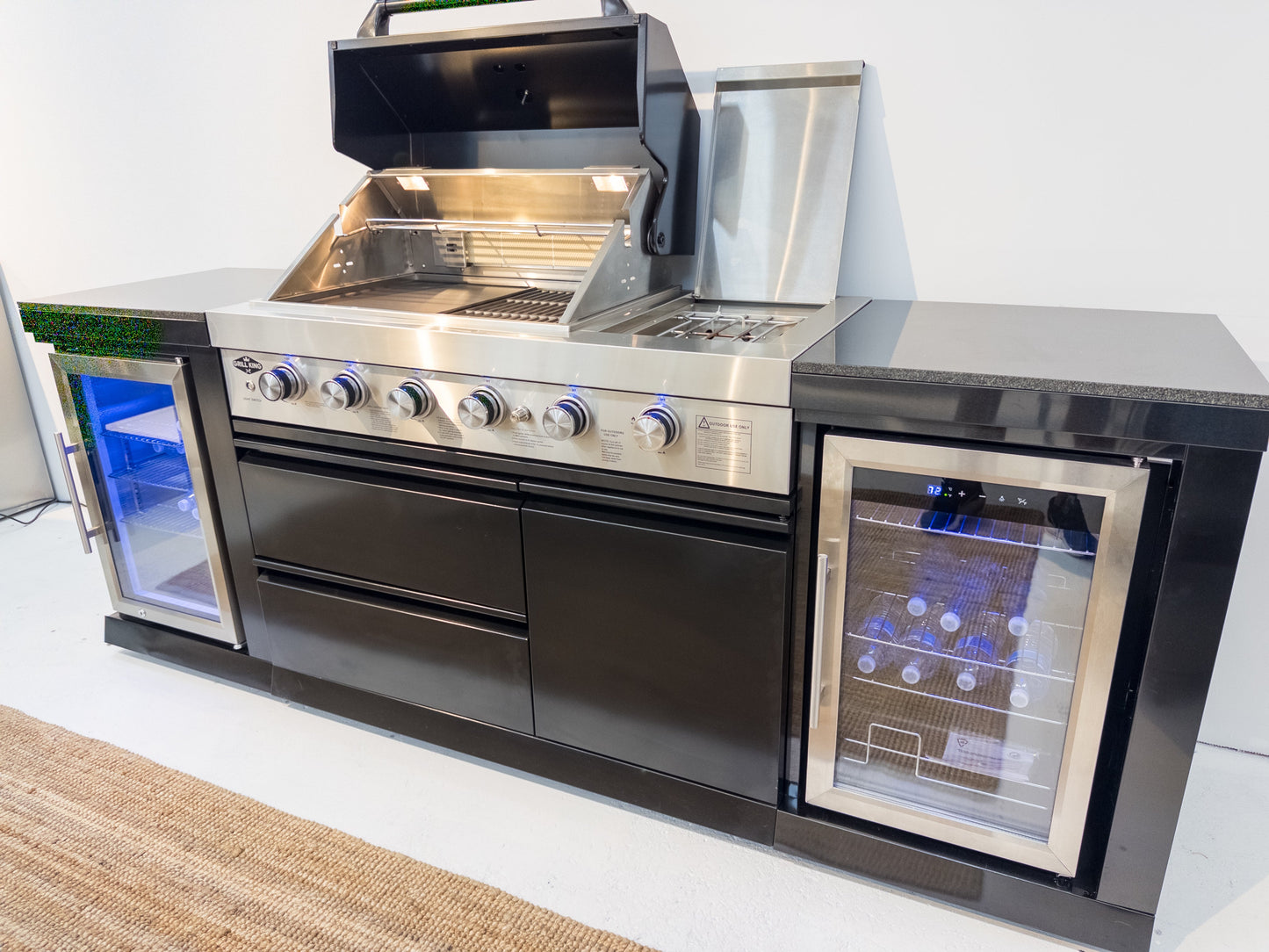 L Shape Black 304SS 4 Burner + Wok BBQ Kitchen Inc Wok & Rear Infrared Burner, Fridge & Sink
