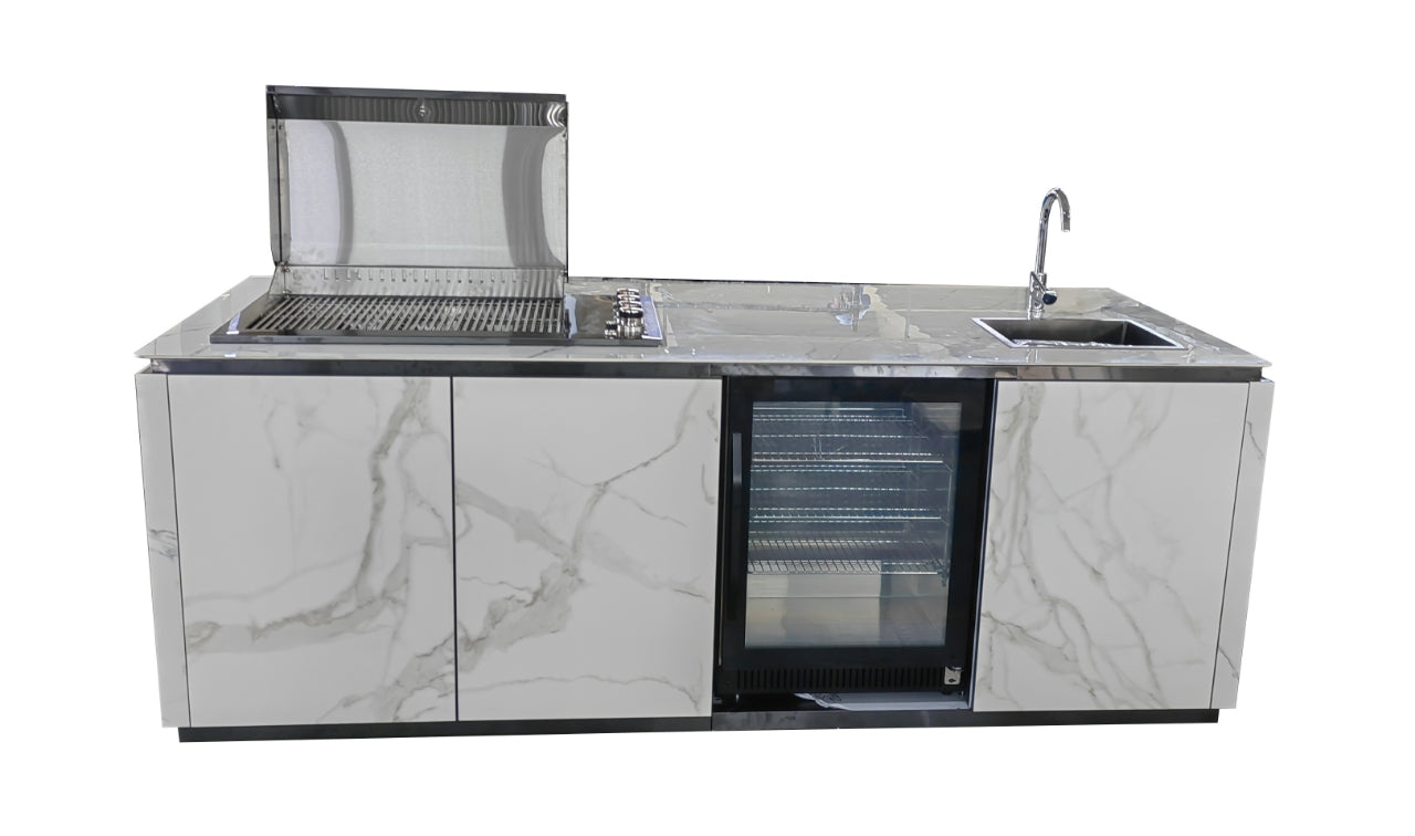 Grill King Bella 4B Drop In Alfresco Outdoor BBQ Kitchen Island | Fridge & Sink Combo High Grade White Stone Designer BBQ Inc Fridge, Sink, Faucet & BBQ Cover