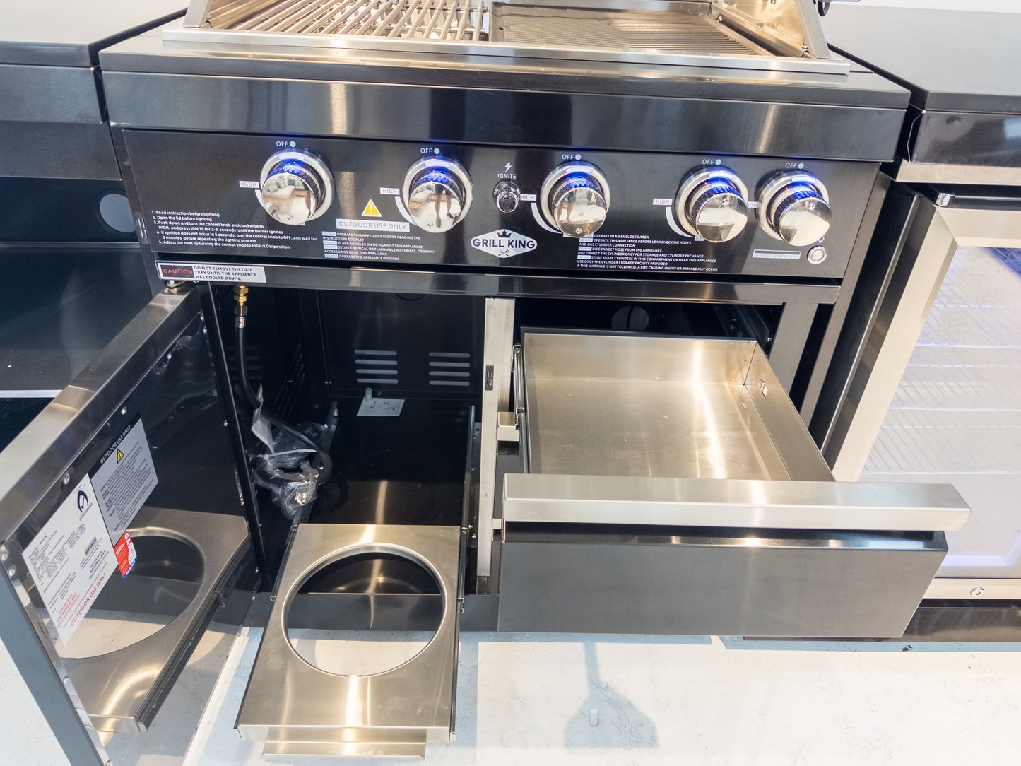 Kingsley 4 Burner Black 304 SS BBQ Kitchen + 2DR Fridge & 1DR Cupboard