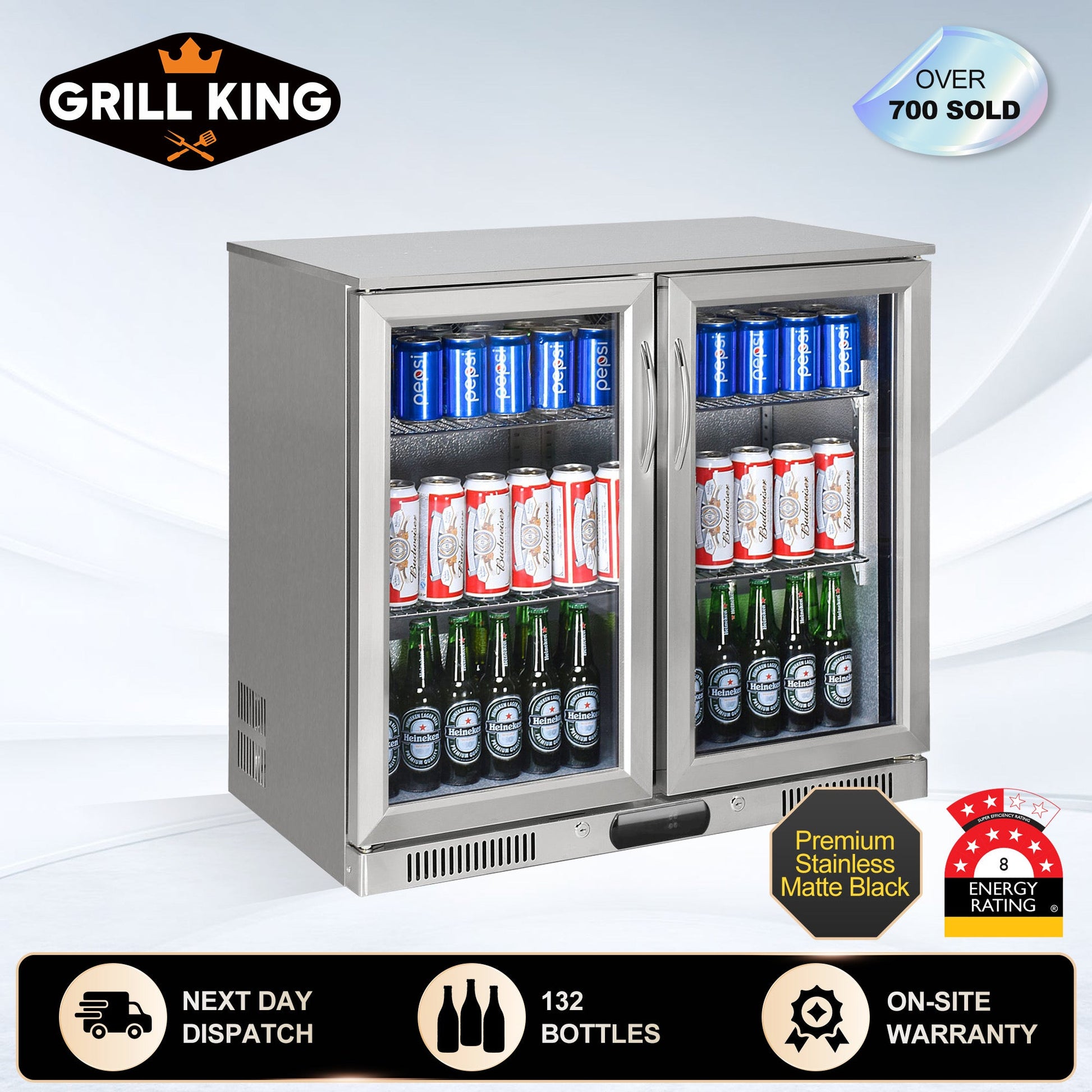 Tropical Rated Triple Glazed 304 SS 2-Door Stainless Steel Under Counter Can Cooler Wine Bar Fridge 208L