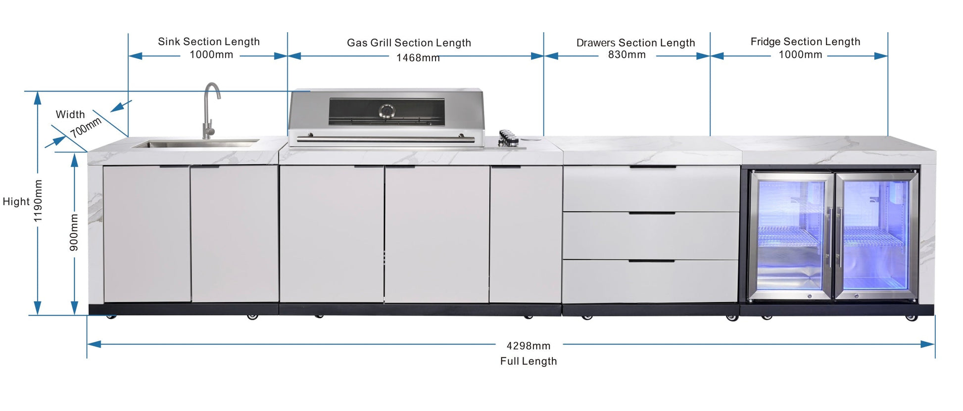 Rockpool 6B Drop In BBQ Kitchen Package Inc sintered stone benchtops, Aluminium Cabinets, Weather Resistant, Fridge & Sink