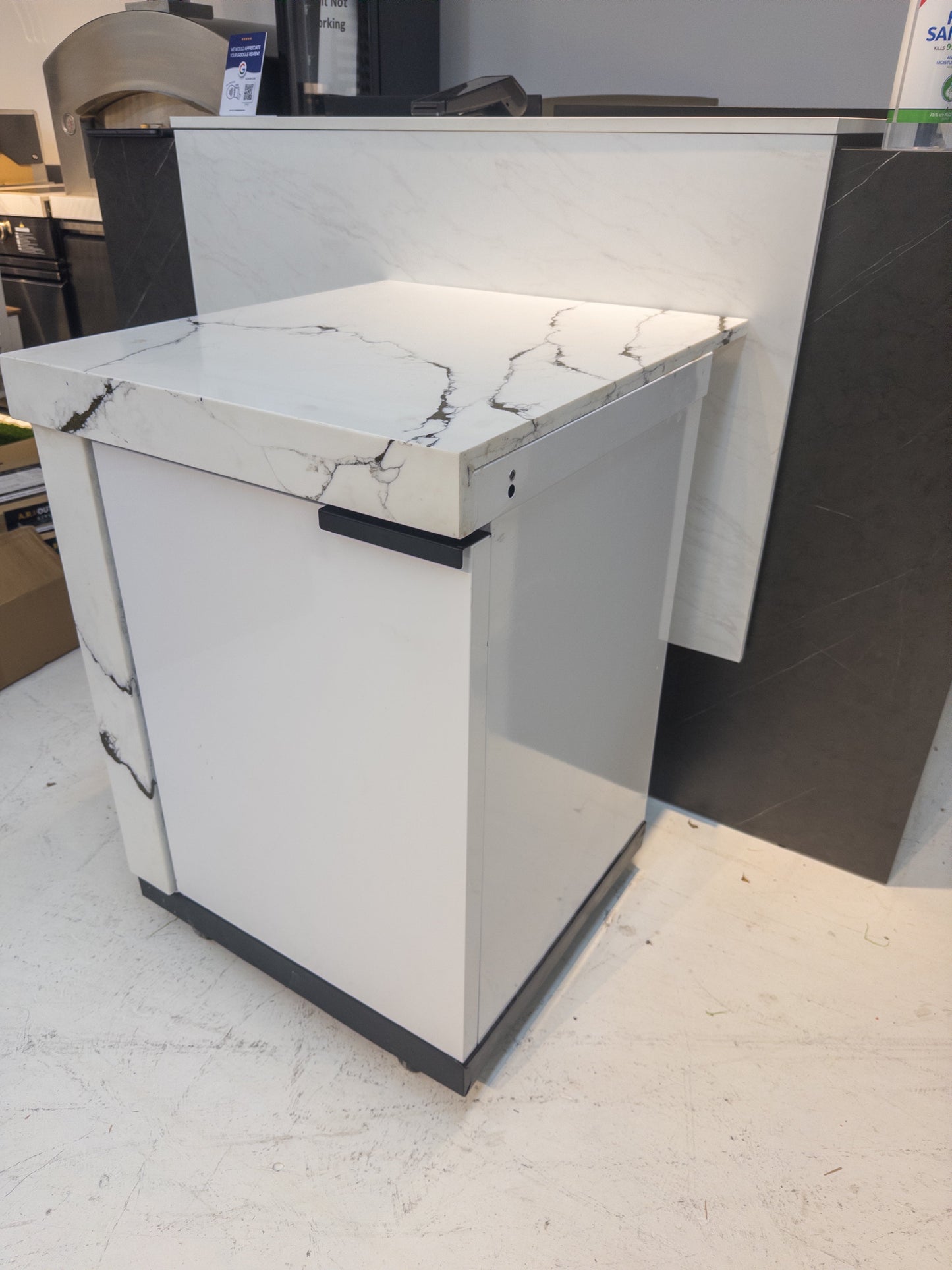 Ex Display Marble Look Stone Finish 1 Door Cabinet Waterfall Edge Custom Built Aluminum Cabinet