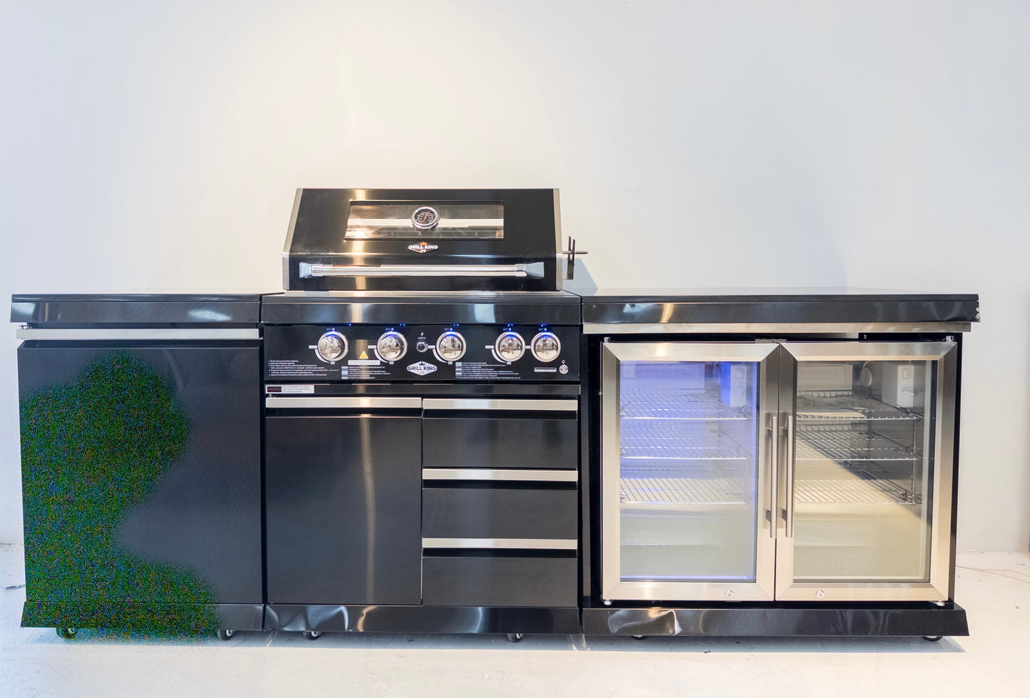 Kingsley 4 Burner Black 304 SS BBQ Kitchen + 2DR Fridge & 1DR Cupboard