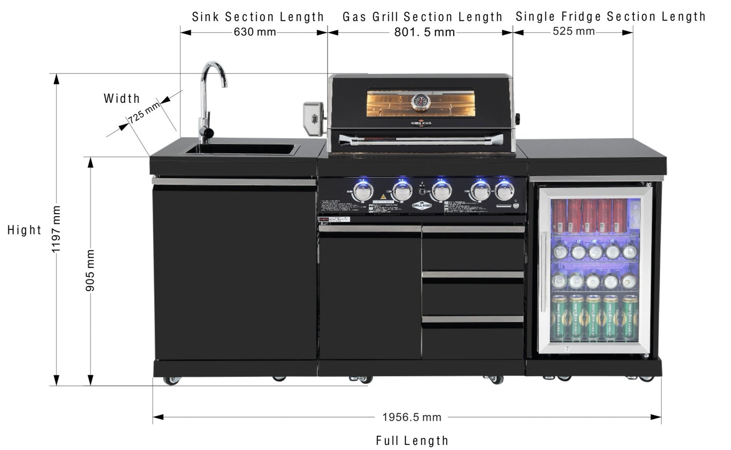 Kingsley 4 Burner Black 304 SS BBQ Kitchen + 2DR Fridge & 1DR Cupboard