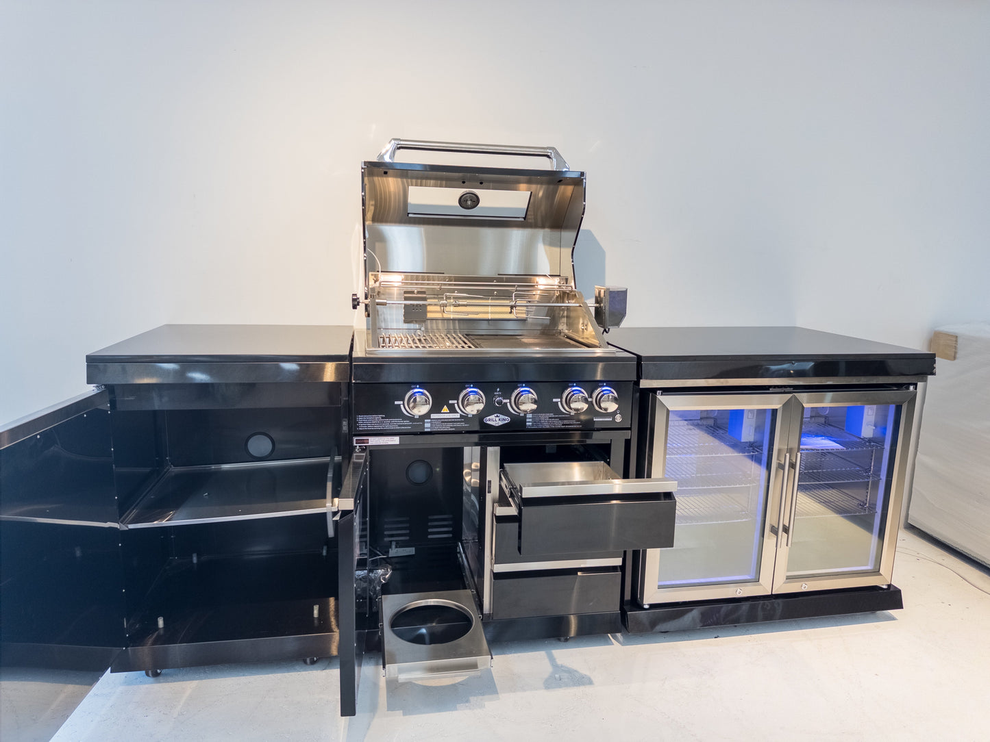 Kingsley 4 Burner Black 304 SS BBQ Kitchen + 2DR Fridge & 1DR Cupboard