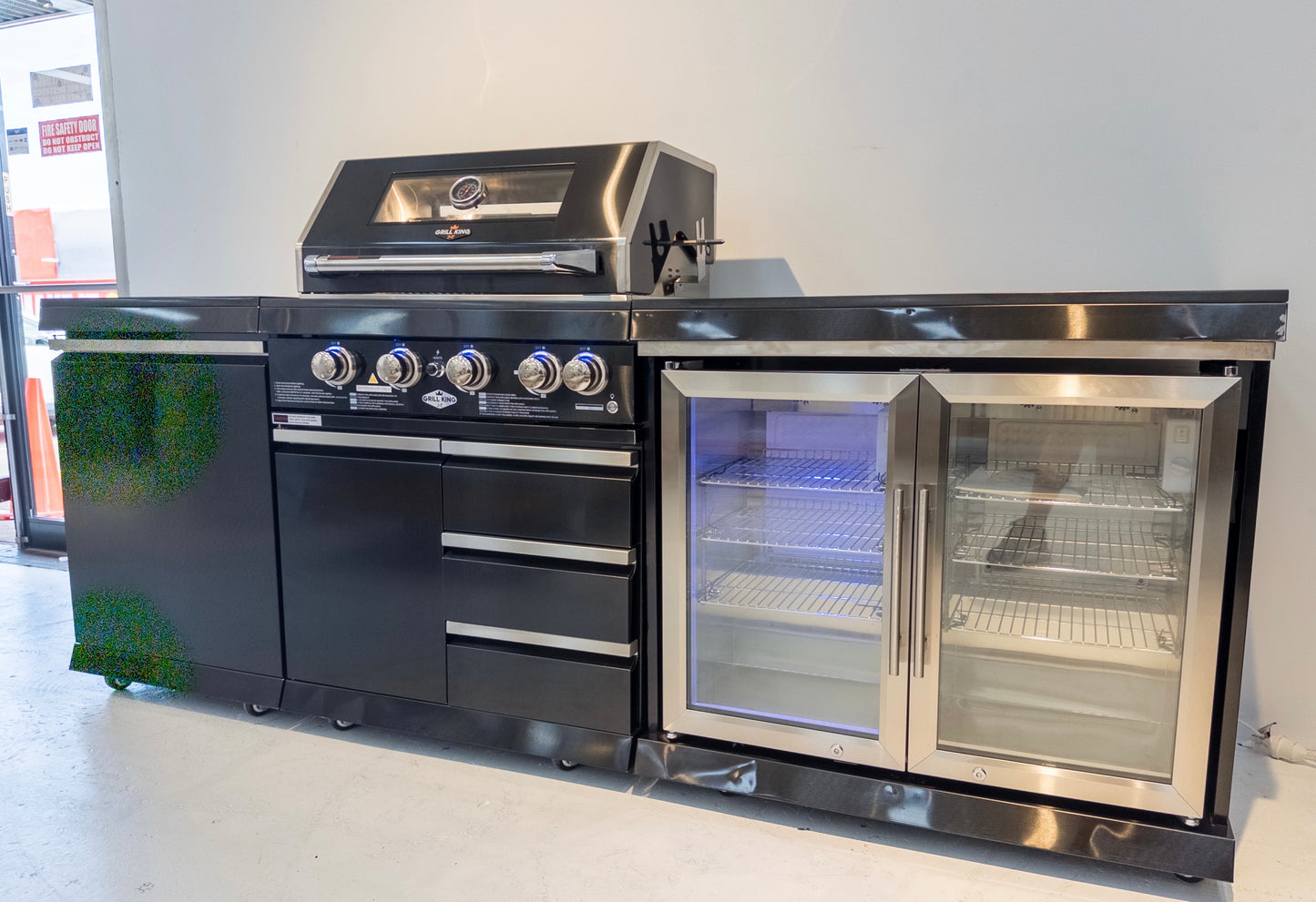 Kingsley 4 Burner Black 304 SS BBQ Kitchen + 2DR Fridge & 1DR Cupboard