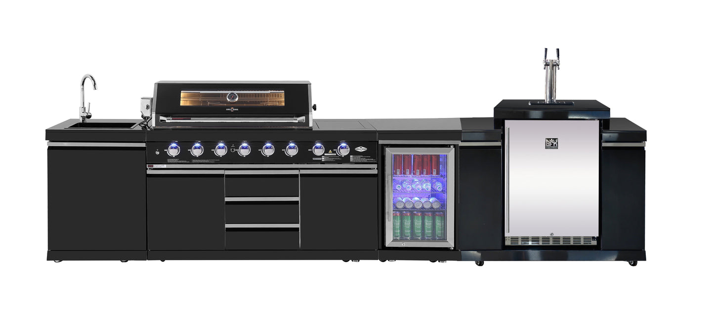 Kingsley 6-Burner Outdoor BBQ Kitchen + 188L Kegerator : Black Stainless Steel, Stone Bench, Fridge, Sink, Height Adjustable, Rotisserie with BBQ Cover