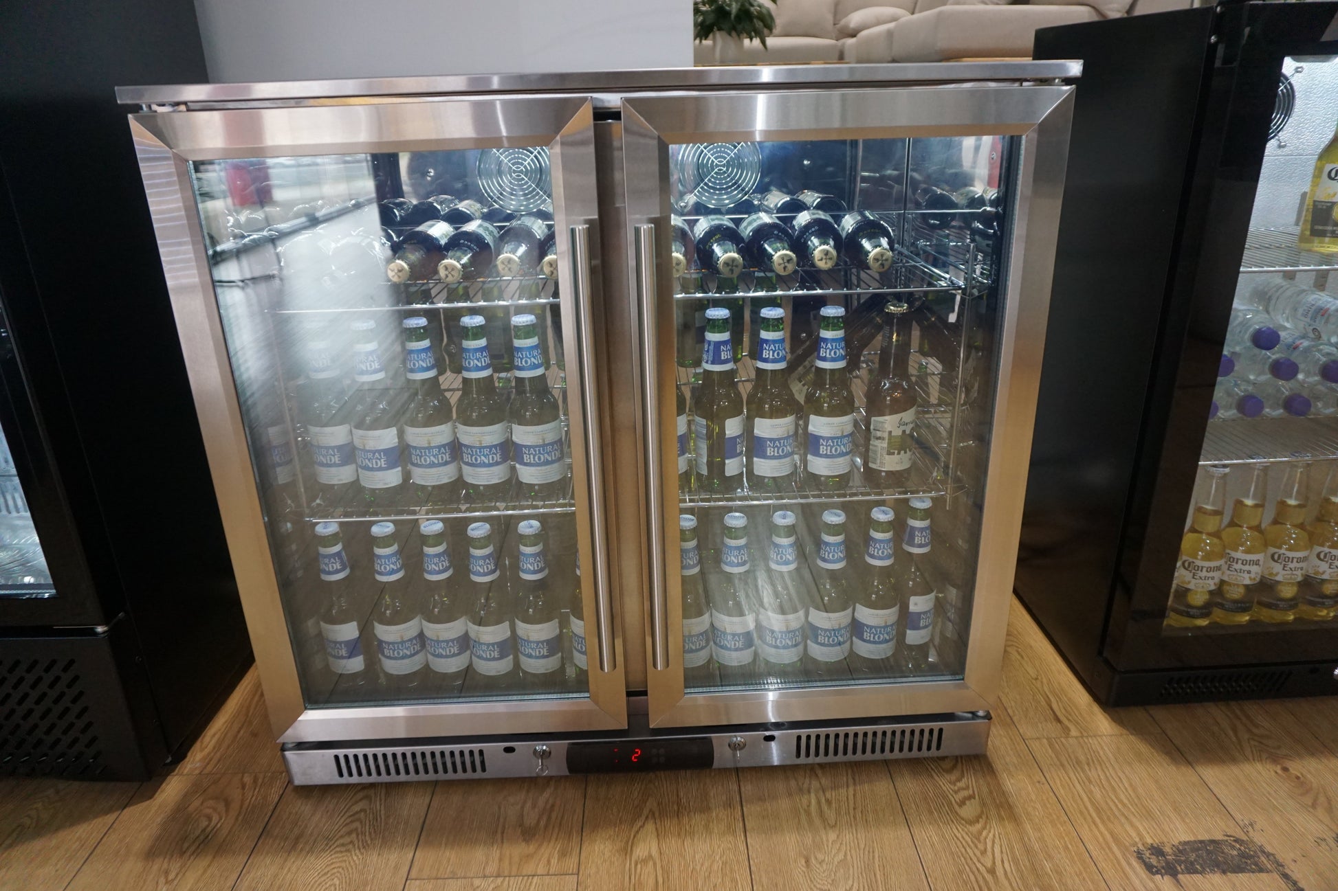 Tropical Rated Triple Glazed 304 SS 2-Door Stainless Steel Under Counter Can Cooler Wine Bar Fridge 208L