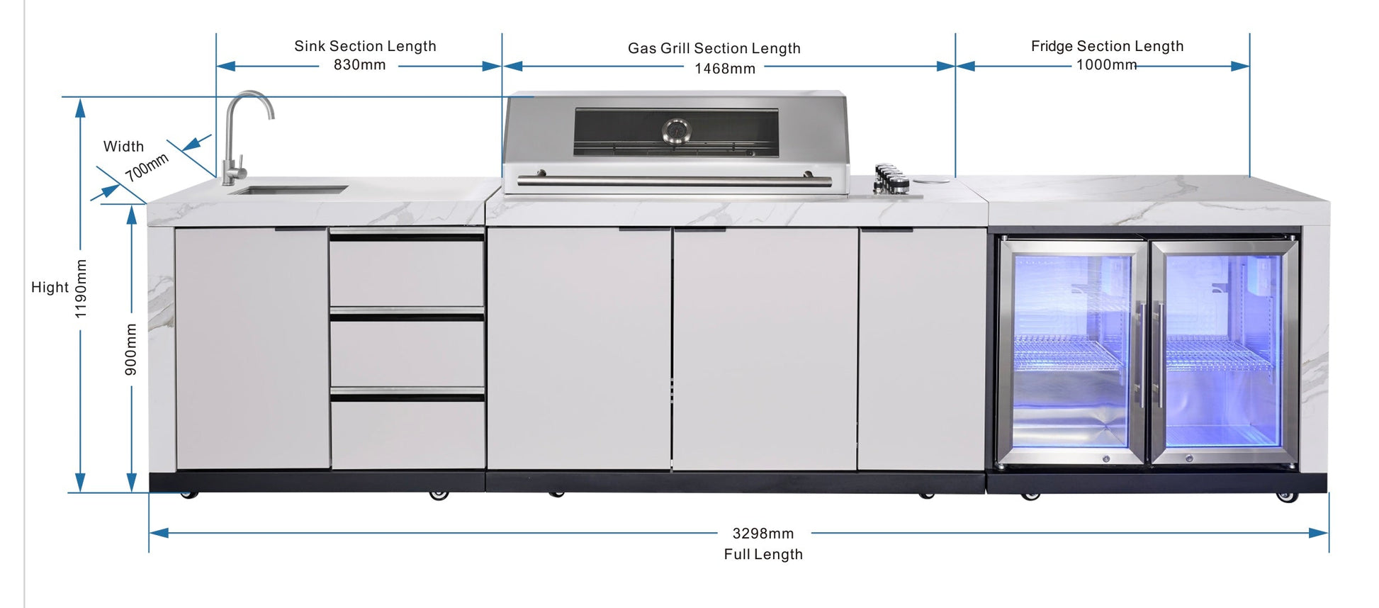 Rockpool 6B Drop In BBQ Kitchen Package Inc sintered stone benchtops, Aluminium Cabinets, Weather Resistant, Fridge & Sink