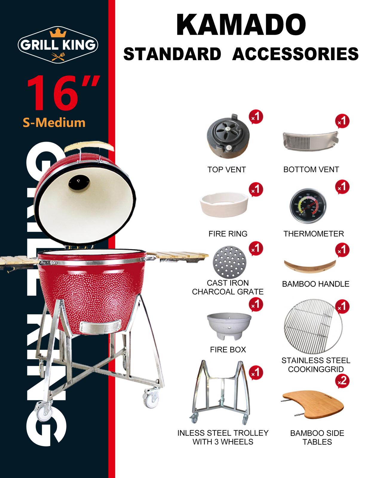 Grill King 16” WHITE Kamado Ceramic Charcoal Grill With Trolley & Side Tables