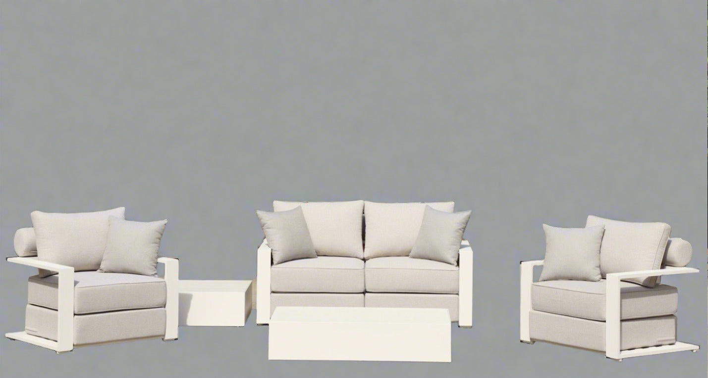 White Hampton Style Lounge Set Inc 2+1+1, Coffee Table Aluminium Frame and Weather Resistant Fabric