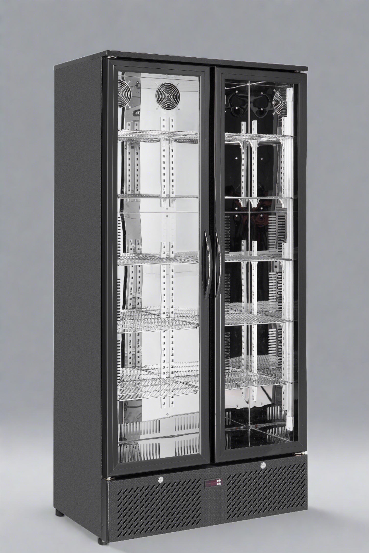 Tropical Rated Triple Glazed Double Door Commercial 458ltr Upright Wine Bar Fridge Black