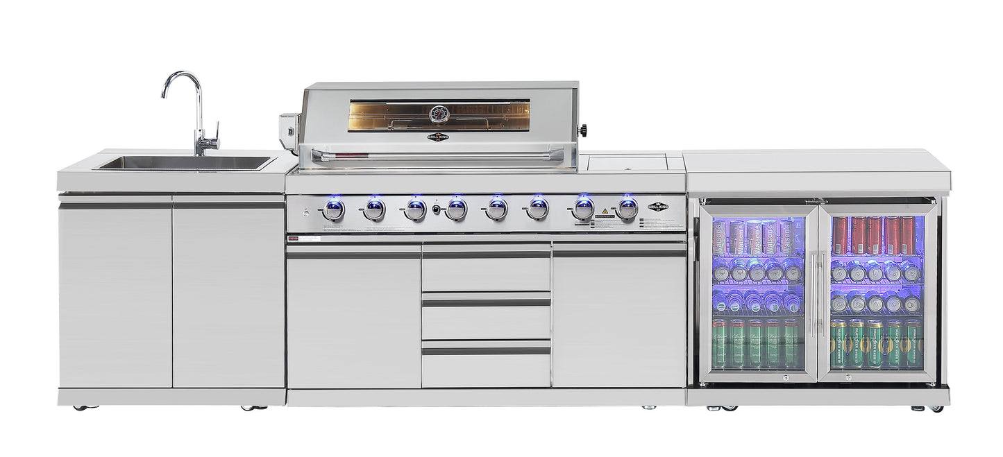 Hurricane 6-Burner Outdoor Kitchen 304 Stainless Steel BBQ Package Inc Triple Fridge, Sink, 3 Drawer Storage, Side Wok & Rear Infrared Burner