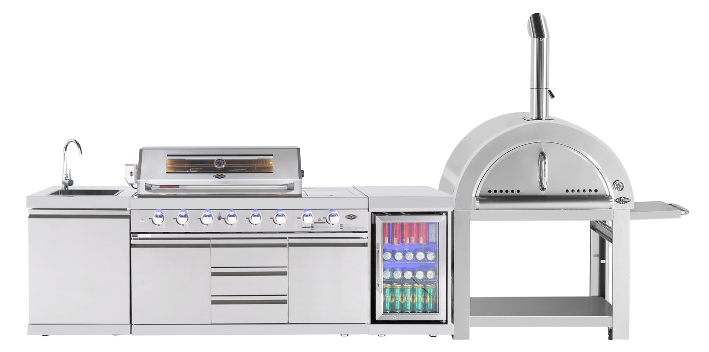 Hurricane 6-Burner Outdoor Kitchen 304 Stainless Steel BBQ Package Inc Triple Fridge, Sink, 3 Drawer Storage, Side Wok & Rear Infrared Burner
