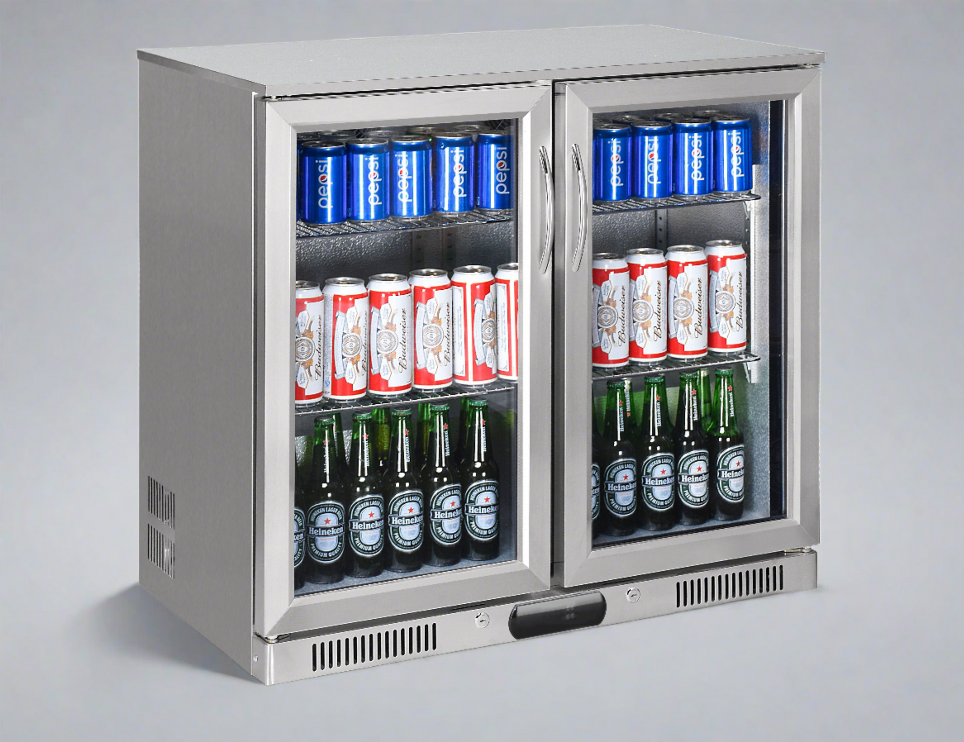 Tropical Rated Triple Glazed 304 SS 2-Door Stainless Steel Under Counter Can Cooler Wine Bar Fridge 208L