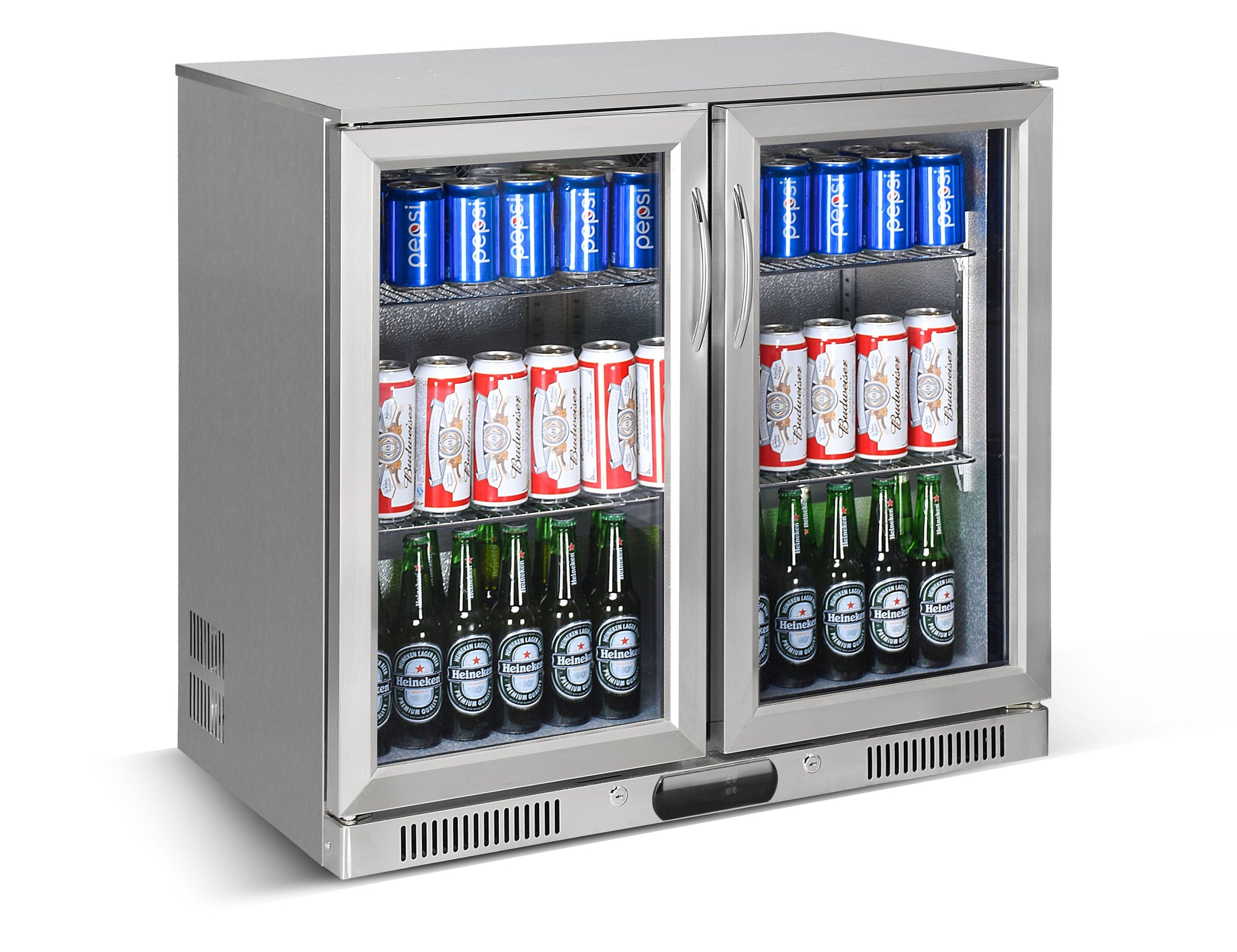 Tropical Rated Triple Glazed 304 SS 2-Door Stainless Steel Under Counter Can Cooler Wine Bar Fridge 208L