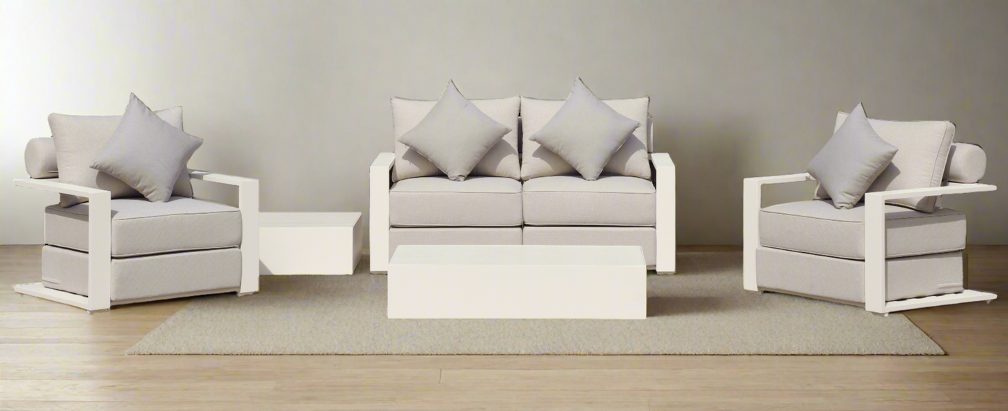 White Hampton Style Lounge Set Inc 2+1+1, Coffee Table Aluminium Frame and Weather Resistant Fabric