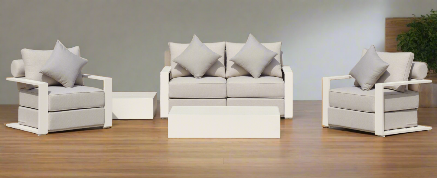 White Hampton Style Lounge Set Inc 2+1+1, Coffee Table Aluminium Frame and Weather Resistant Fabric