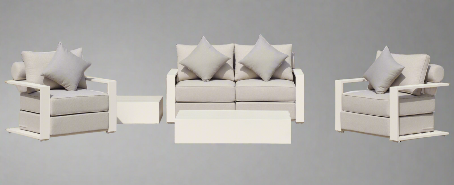 White Hampton Style Lounge Set Inc 2+1+1, Coffee Table Aluminium Frame and Weather Resistant Fabric