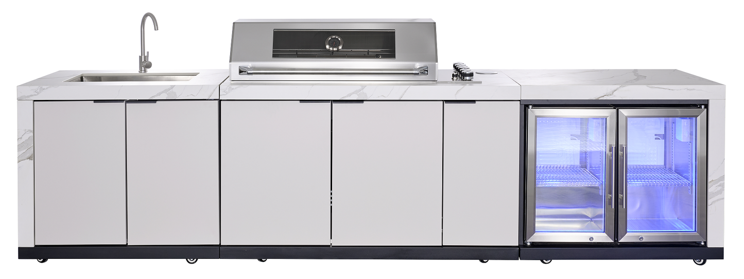 Rockpool White 6B Drop In Raised Hood BBQ Kitchen Inc 3 Draws, Castors, Weather Resistant & Stone Benchtops