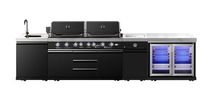test rey 1 Element Twin Hood 8 Burner Outdoor BBQ Kitchen: High Grade 304 SS + White Stone 3.7 | 2DR Fridge + Sink + Wok Burner
