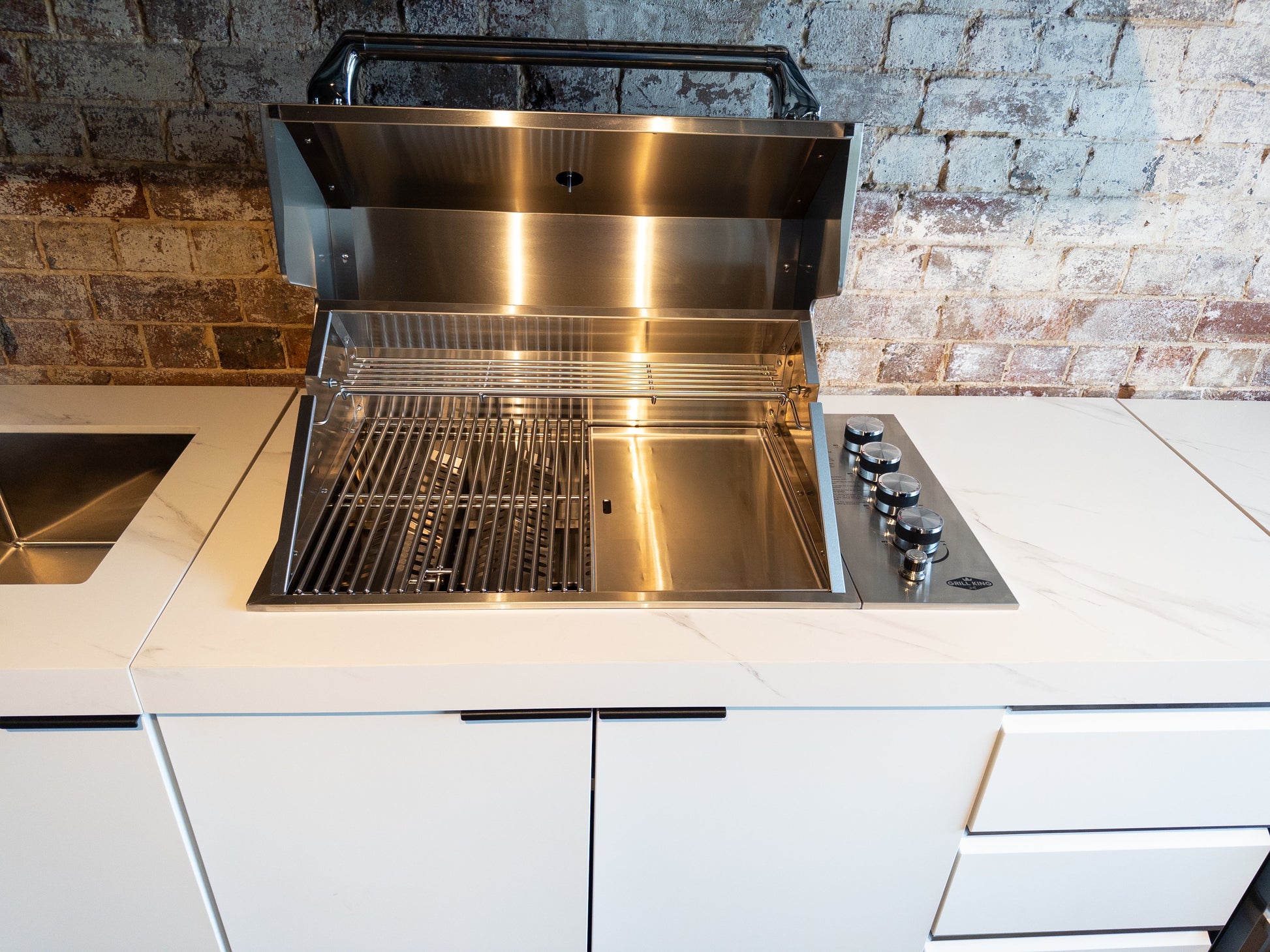 White Stone 4B Drop In BBQ Kitchen Package with Stone Benchtops, Hampton Waterfall Design