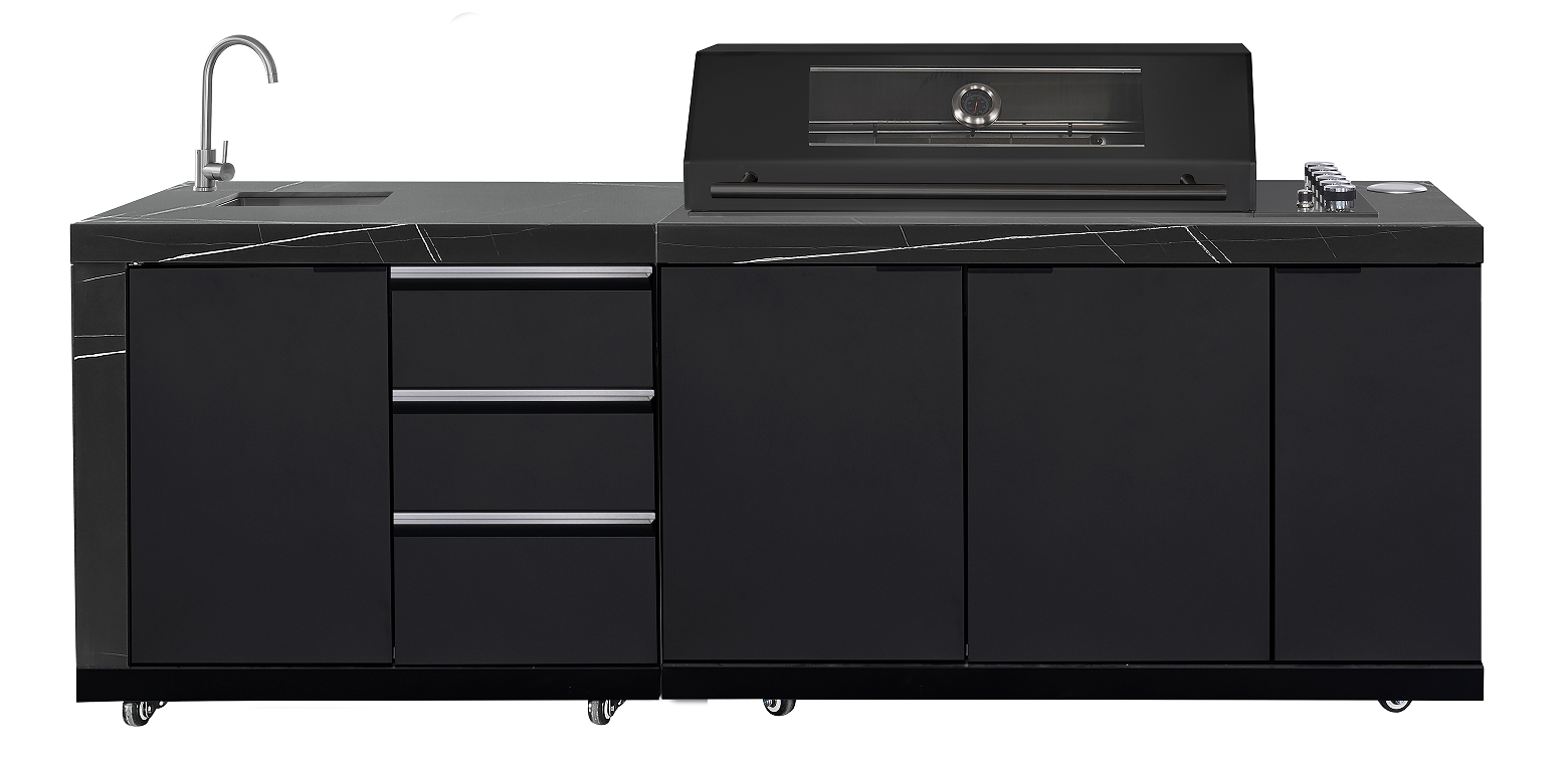 Rockpool Black 6B Drop In Raised Hood BBQ Kitchen Inc 3 Draws, Castors, Weather Resistant & Stone Benchtops