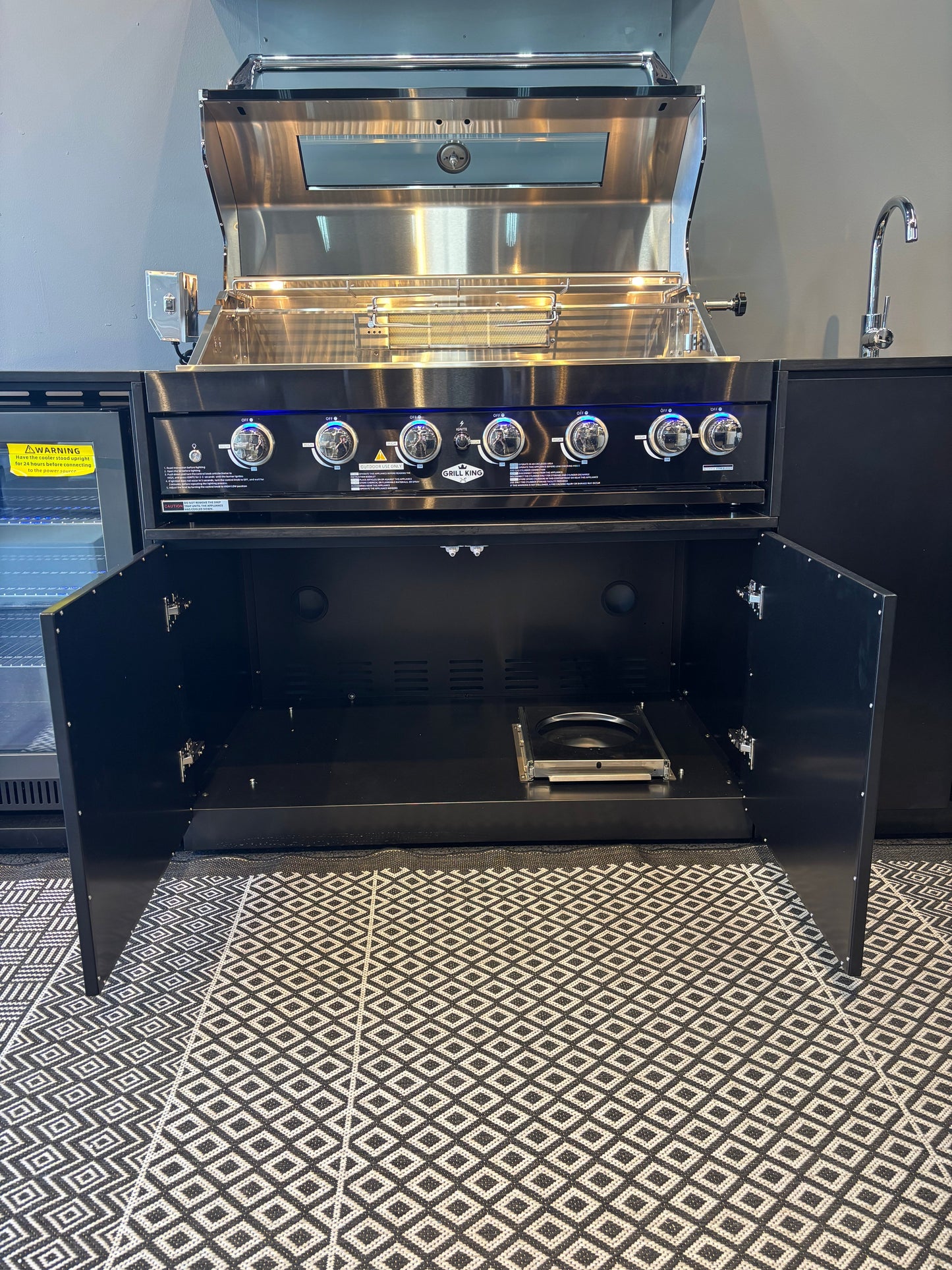 Grill King Signature Series 6 Burner Outdoor BBQ Kitchen Package – Black Stone Benchtop, Black Aluminium Cabinets, Built-In BBQ + Rotisserie