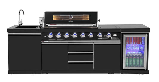 Kingsley 6-Burner Outdoor BBQ Kitchen + 188L Kegerator : Black Stainless Steel, Stone Bench, Fridge, Sink, Height Adjustable