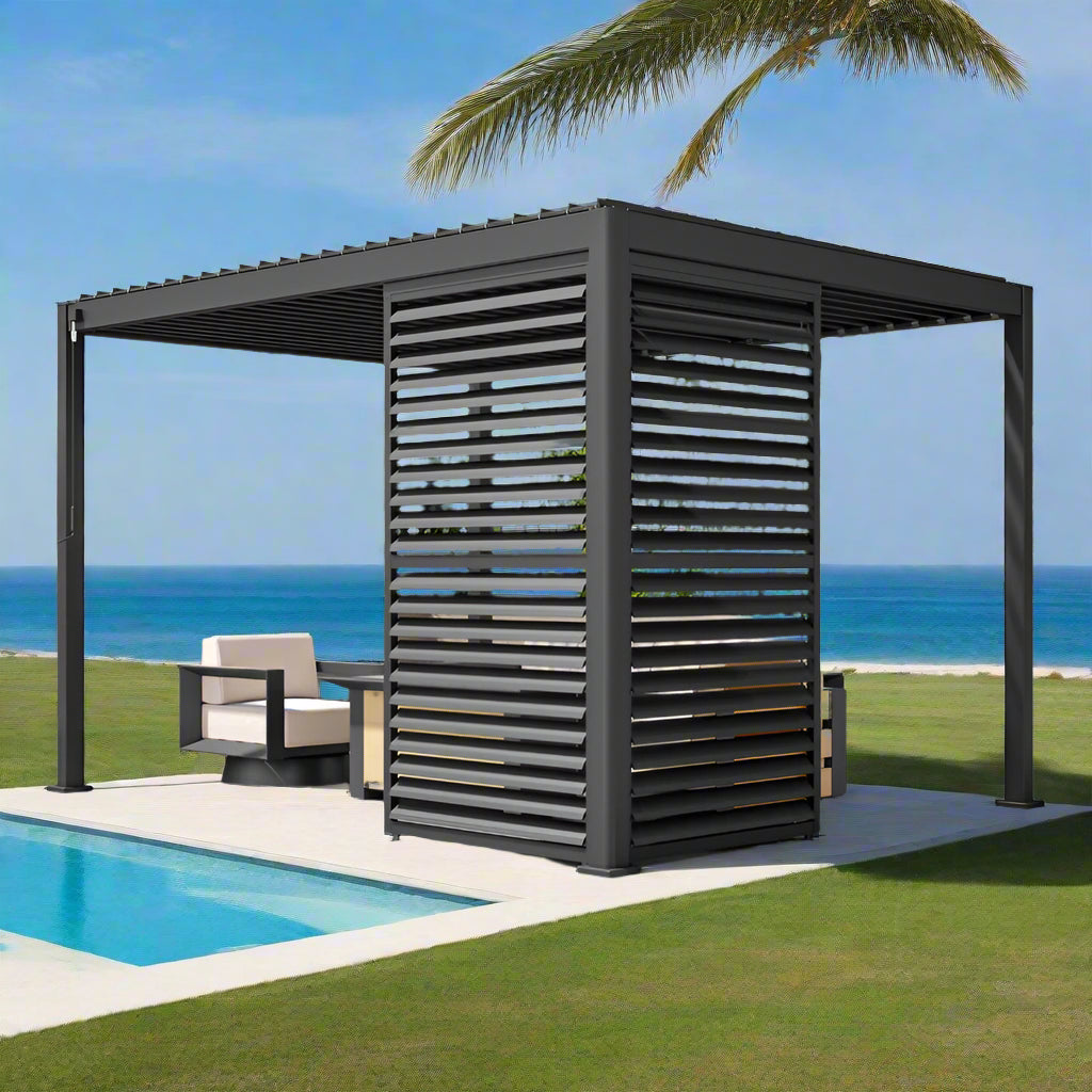 GazeboMate 2.4m Louvered Gazebo Combo – Monument Powder Coat | Louvered Roof + Sliding Shutter Wall