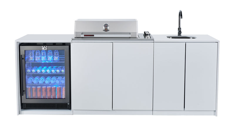 Grill King Signature Series Outdoor BBQ Kitchen Package | White Stone Benchtop, White Alloy Cabinets Inc 4 Burner Drop-In BBQ