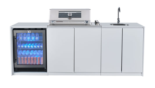 Grill King Signature Series Outdoor BBQ Kitchen Package | White Stone Benchtop, White Alloy Cabinets Inc 4 Burner Drop-In BBQ