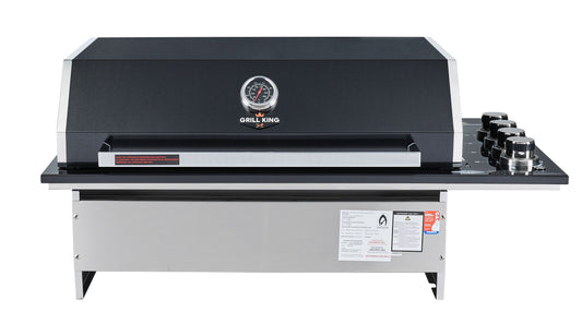 Grill King Signature Outdoor BBQ Kitchen – 4 Burner Built-In BBQ with Bar Fridge | Matte Black Aluminium & Stone Benchtop