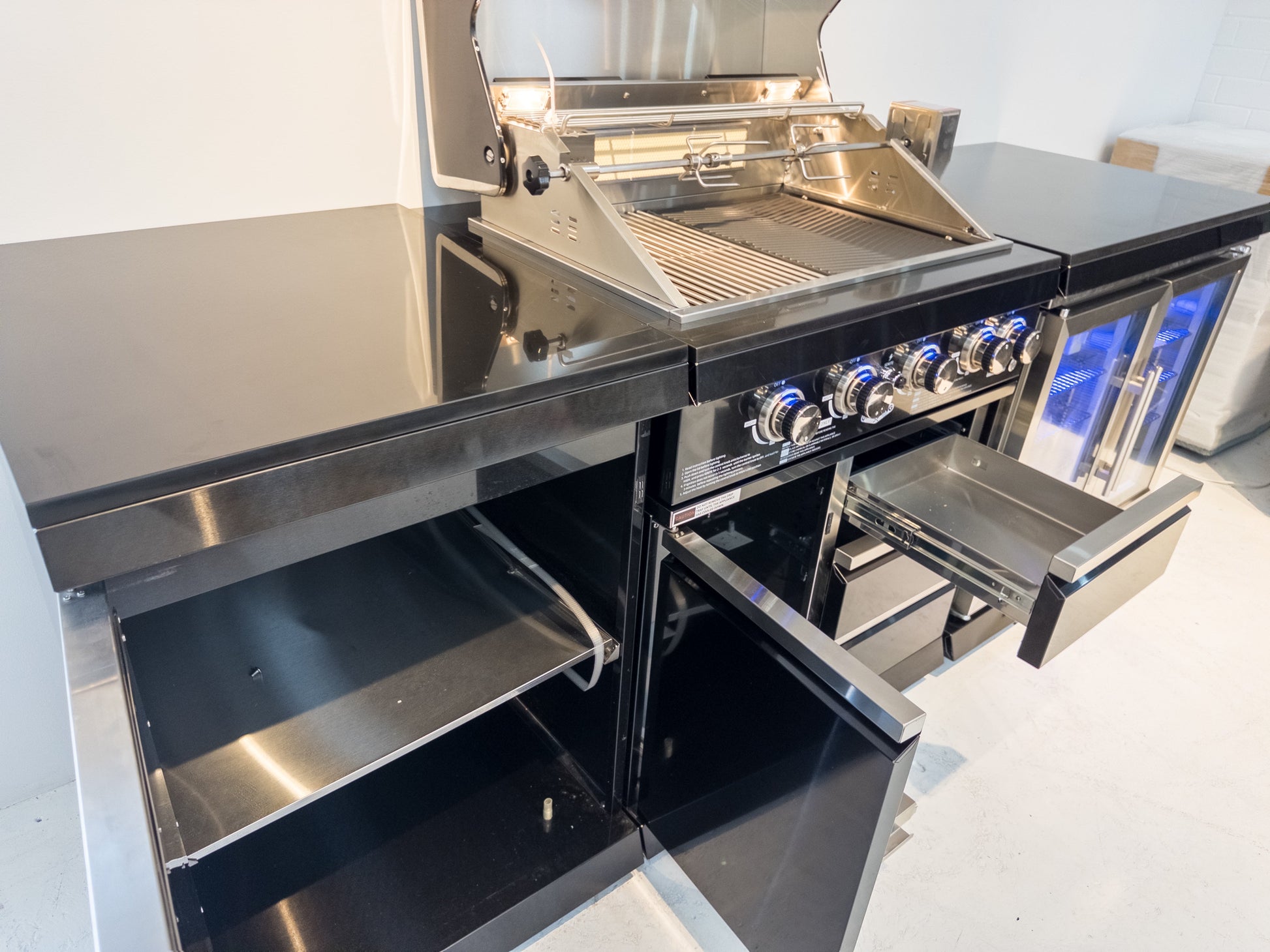 Kingsley 4 Burner Black 304 SS BBQ Kitchen + 2DR Fridge & 1DR Cupboard
