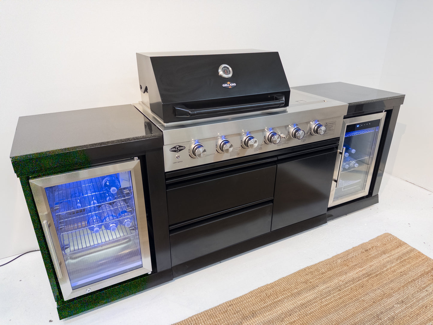 L Shape Black 304SS 4 Burner + Wok BBQ Kitchen Inc Wok & Rear Infrared Burner, Fridge & Sink