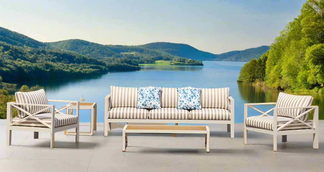 5-Piece Modern Outdoor Lounge Furniture Set Inc 3-Seater Day Bed, Coffee Table, Side Table & 3+1+1