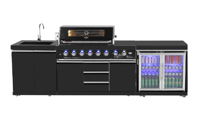 test rey 1 Kingsley 6-Burner Outdoor BBQ Kitchen: Black Stainless Steel, Stone Bench, Fridge, Sink, Height Adjustable